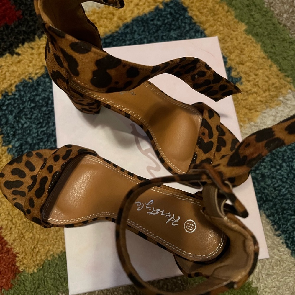 Leopard block straps heels